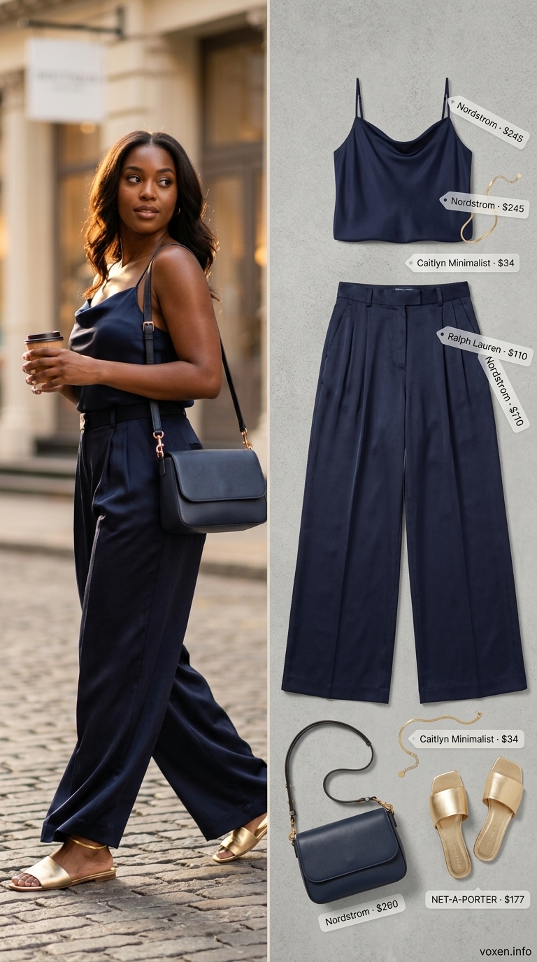 Sophisticated navy wide-leg trousers with an ivory satin camisole, an elegant choice for summer outfits for black women 2026 coastal evenings.
