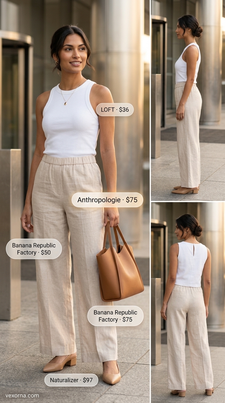 Sand beige wide-leg trousers & white knit top for a summer business casual outfit for women 2026.