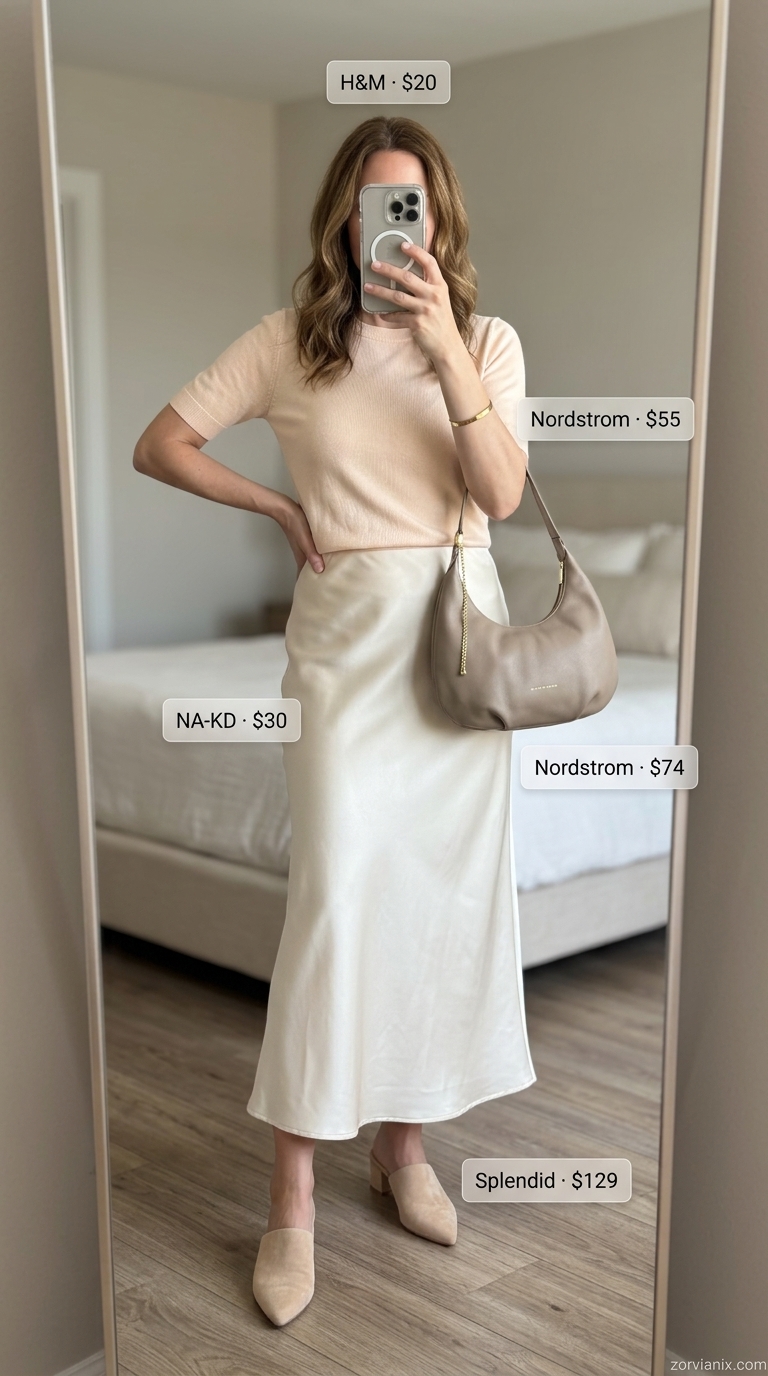 Chic Summer Outfit for Women Over 40 2026: Midi Skirt Chic summer outfit for women over 40 2026: Beige satin midi skirt, cream knit top, pointed mules, gold cuff.