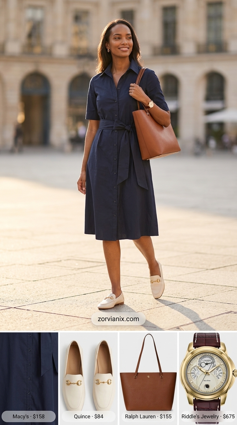 Chic Summer Outfit for Women Over 40 2026: Shirt Dress Chic summer outfit for women over 40 2026: Navy shirt dress, tan loafers, leather tote, gold watch.