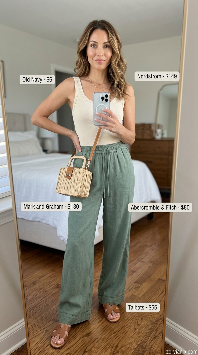 Chic Summer Outfit for Women Over 40 2026: Linen Pants Chic summer outfit for women over 40 2026: Sage green linen pants, cream tank, gold necklaces, straw crossbody.