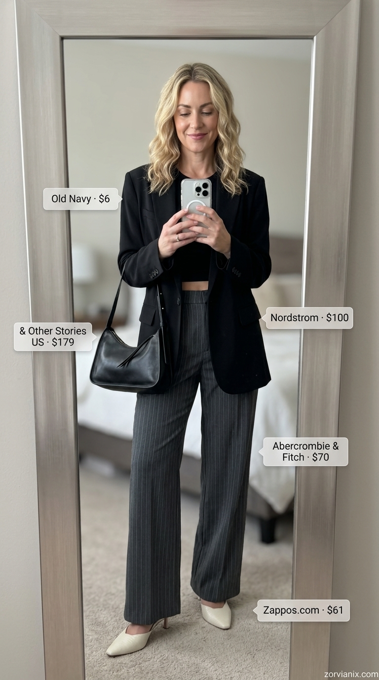 Chic Summer Outfit for Women Over 40 2026: Urban Chic Chic summer outfit for women over 40 2026: Charcoal grey wide-leg trousers, black blazer, white mules.