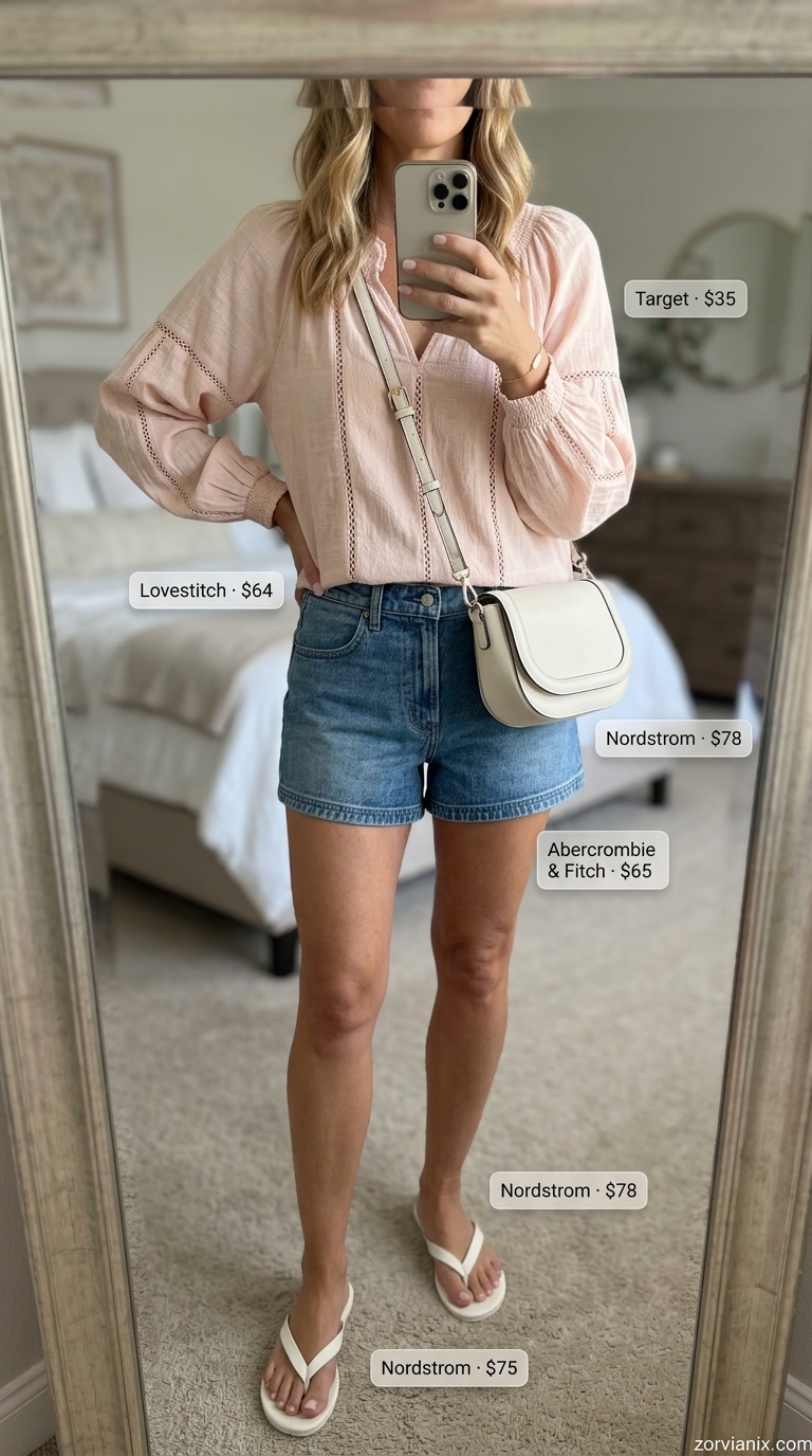 Chic Summer Outfit for Women Over 40 2026: Denim Shorts Chic summer outfit for women over 40 2026: Blush pink peasant blouse, denim shorts, crossbody bag, leather sandals.