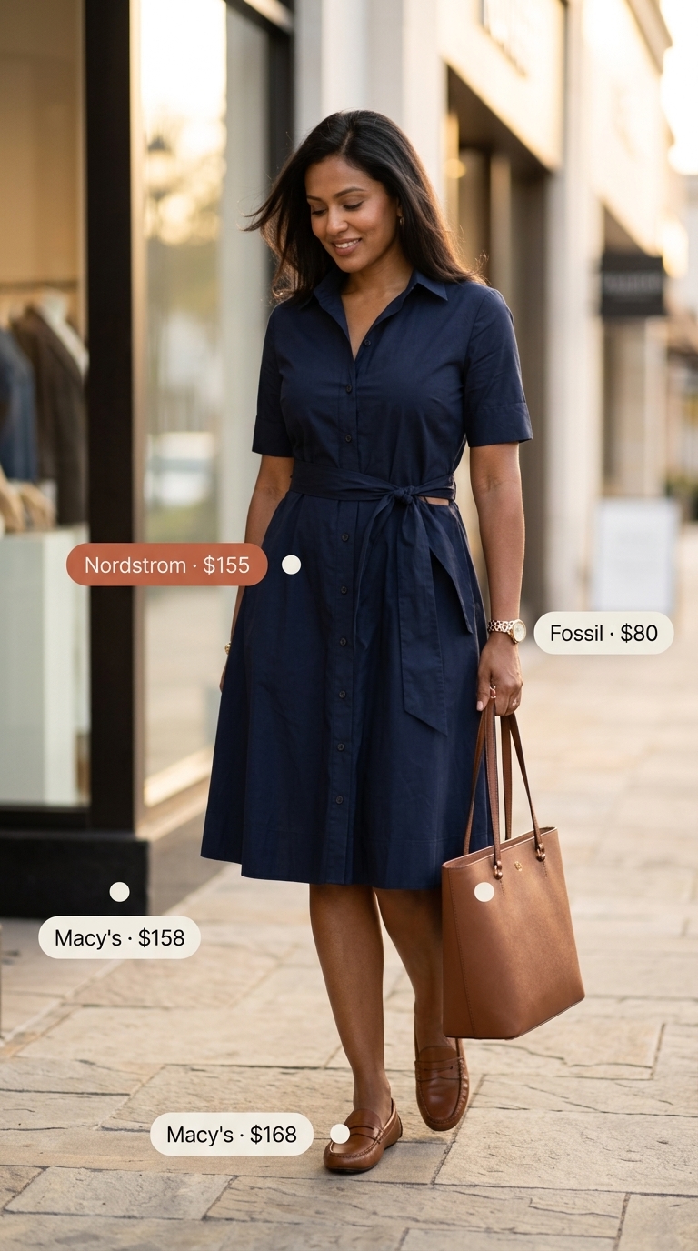 Chic Summer Outfit for Women Over 40 2026: Navy Shirtdress Chic summer outfit for women over 40 2026: Navy shirt dress, loafers, and tote for work.