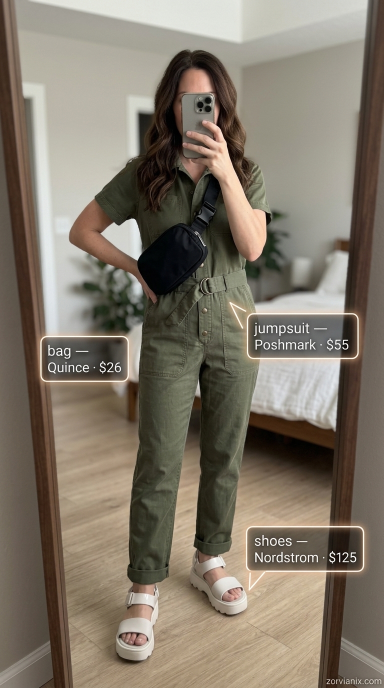 Chic Summer Outfit for Women Over 40 2026: Jumpsuit Style Chic summer outfit for women over 40 2026: Olive green utility jumpsuit, platform sandals, belt bag, gold hoops.