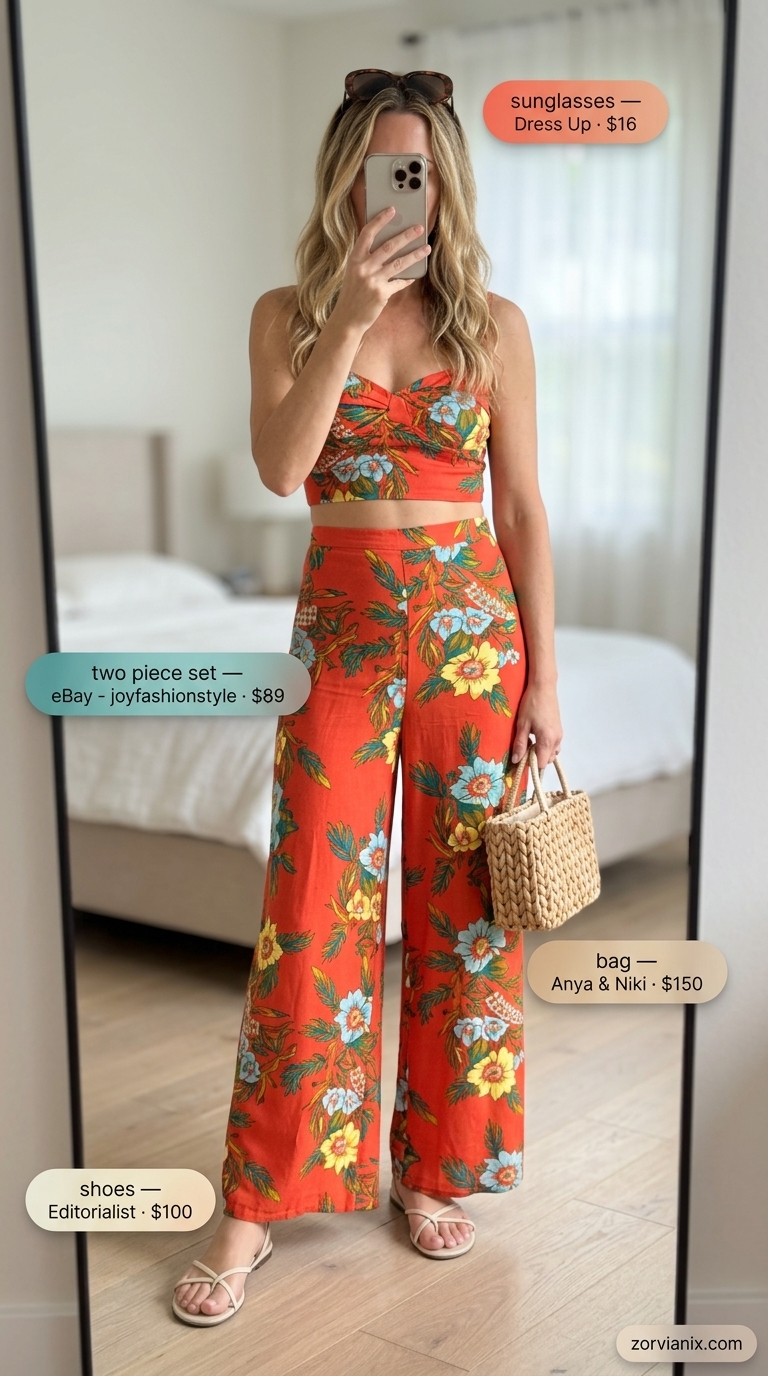 Chic Summer Outfit for Women Over 40 2026: Resort Set Chic summer outfit for women over 40 2026: Teal & Coral abstract print two-piece set, leather sandals, straw tote.