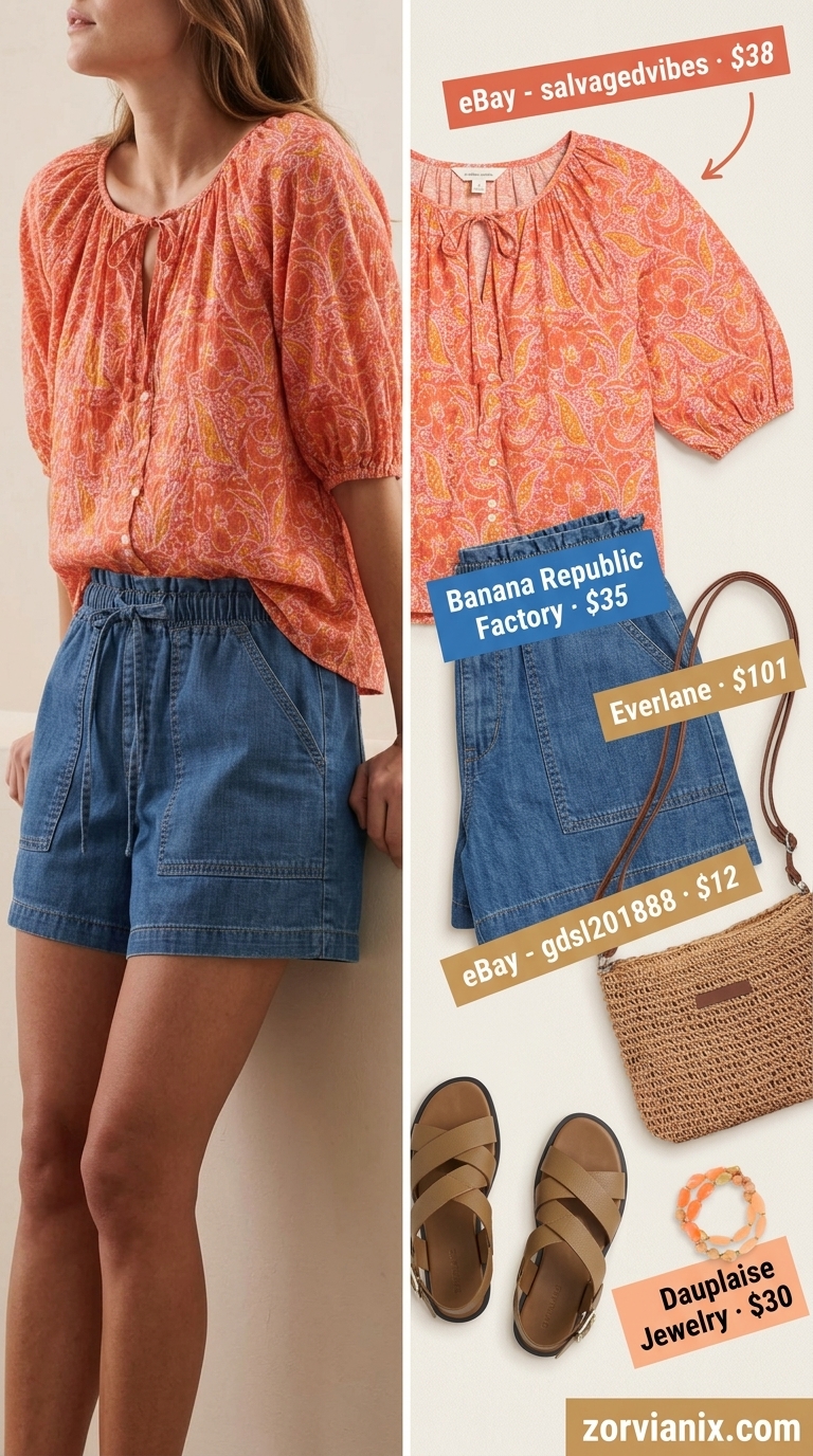 Chic Summer Outfit for Women Over 40 2026: Bohemian Denim Chic summer outfit for women over 40 2026: Coral print peasant blouse, denim shorts, straw bag, leather sandals.