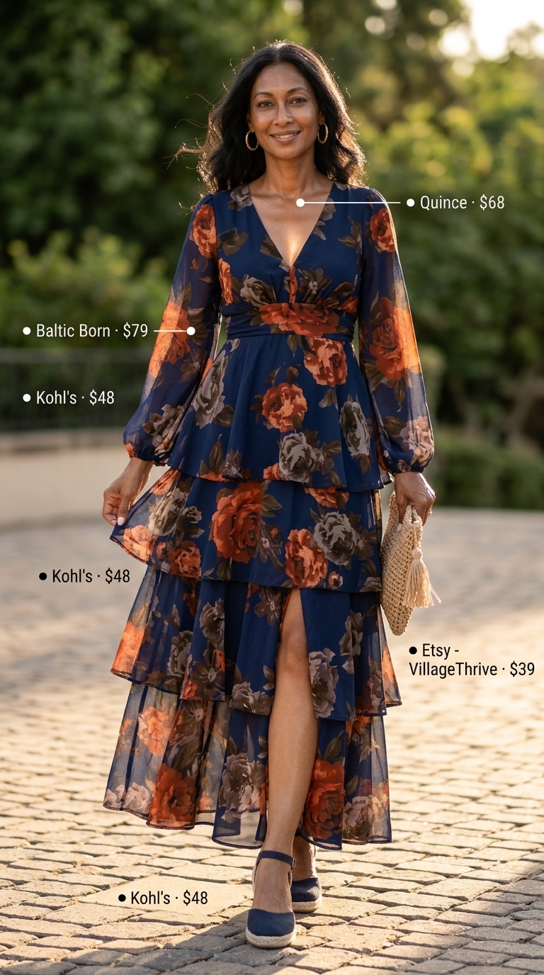 Chic Summer Outfit for Women Over 40 2026: Maxi Dress Chic summer outfit for women over 40 2026: Coral floral maxi dress, espadrilles, straw clutch, gold hoops for date night.