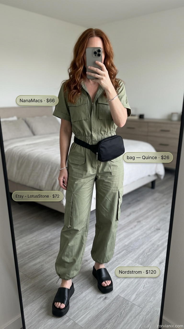 Chic Summer Outfit for Women Over 40 2026: Jumpsuit Chic summer outfit for women over 40 2026: Olive utility jumpsuit, black belt bag, chunky sandals, silver bracelet.