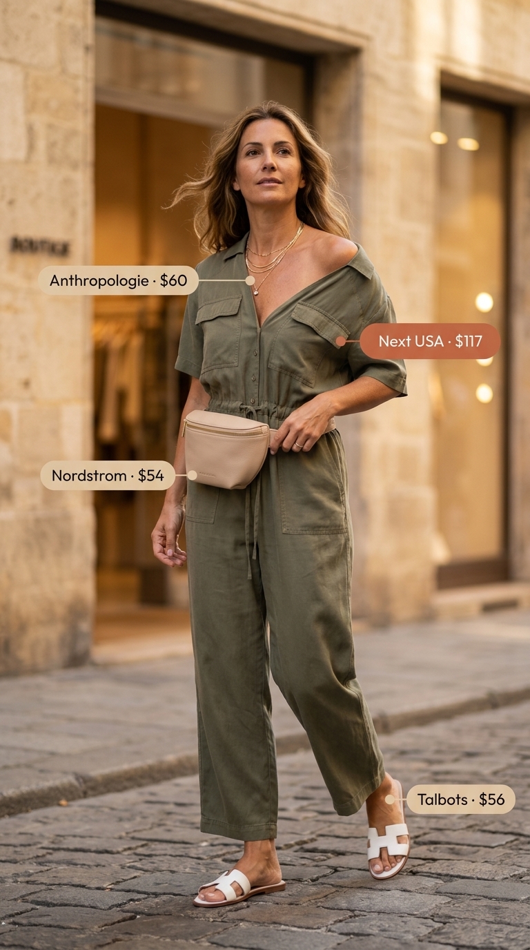 Chic Summer Outfit for Women Over 40 2026: Linen Jumpsuit Chic summer outfit for women over 40 2026: Olive linen utility jumpsuit with leather slides.