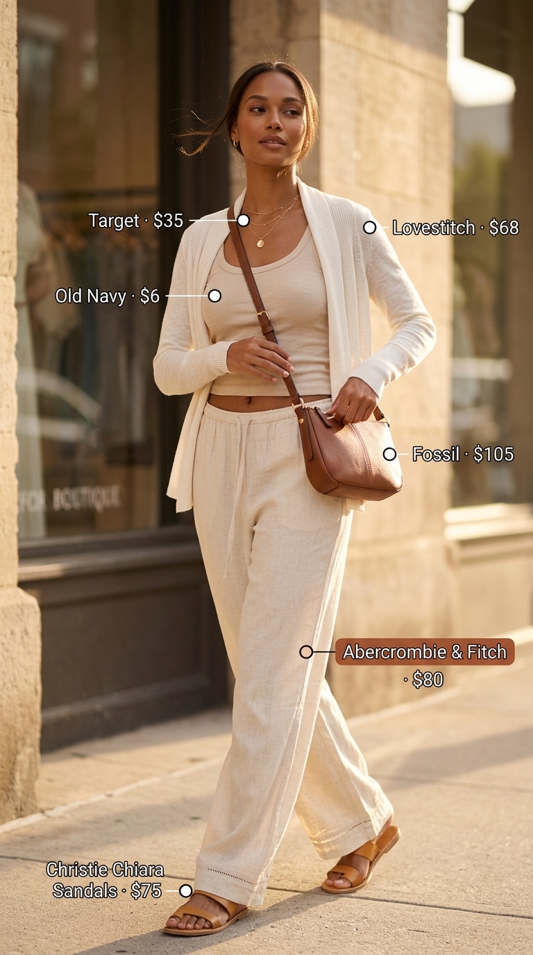 Chic Summer Outfit for Women Over 40 2026: Linen Pants Chic summer outfit for women over 40 2026: Cream linen pants, ribbed tank, and open-knit cardigan for evening.