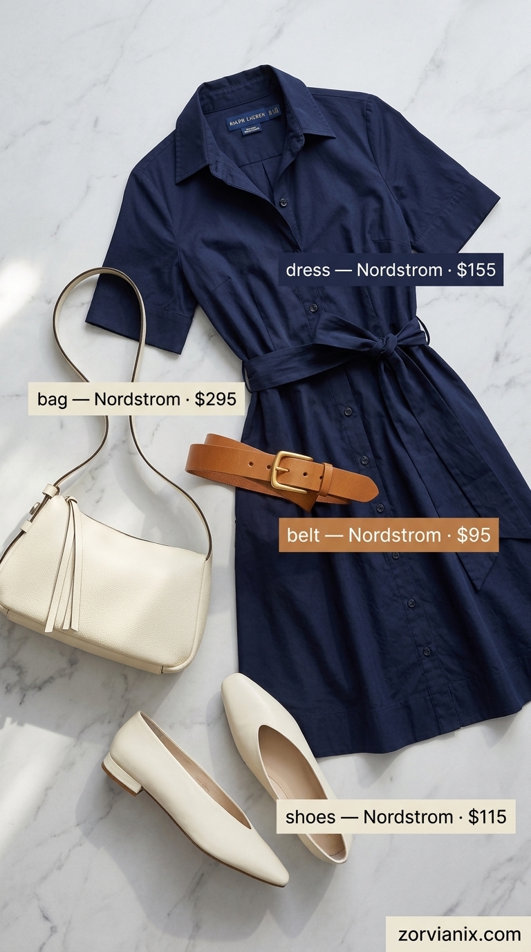 Chic Summer Outfit for Women Over 40 2026: Shirt Dress Chic summer outfit for women over 40 2026: Navy shirt dress, tan belt, and pointed flats for work.