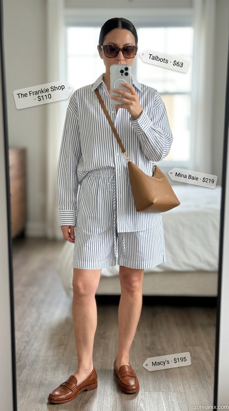 Chic Summer Outfit for Women Over 40 2026: Stripe Set Chic summer outfit for women over 40 2026: Navy stripe shorts set, tan loafers, crossbody bag, sunglasses.