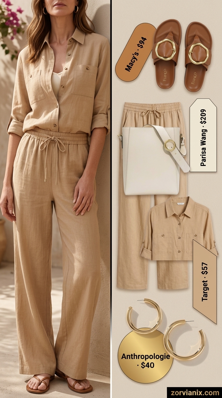 Chic Summer Outfit for Women Over 40 2026: Linen Set Chic summer outfit for women over 40 2026: Beige linen set, cream tank, leather slides, gold hoops.