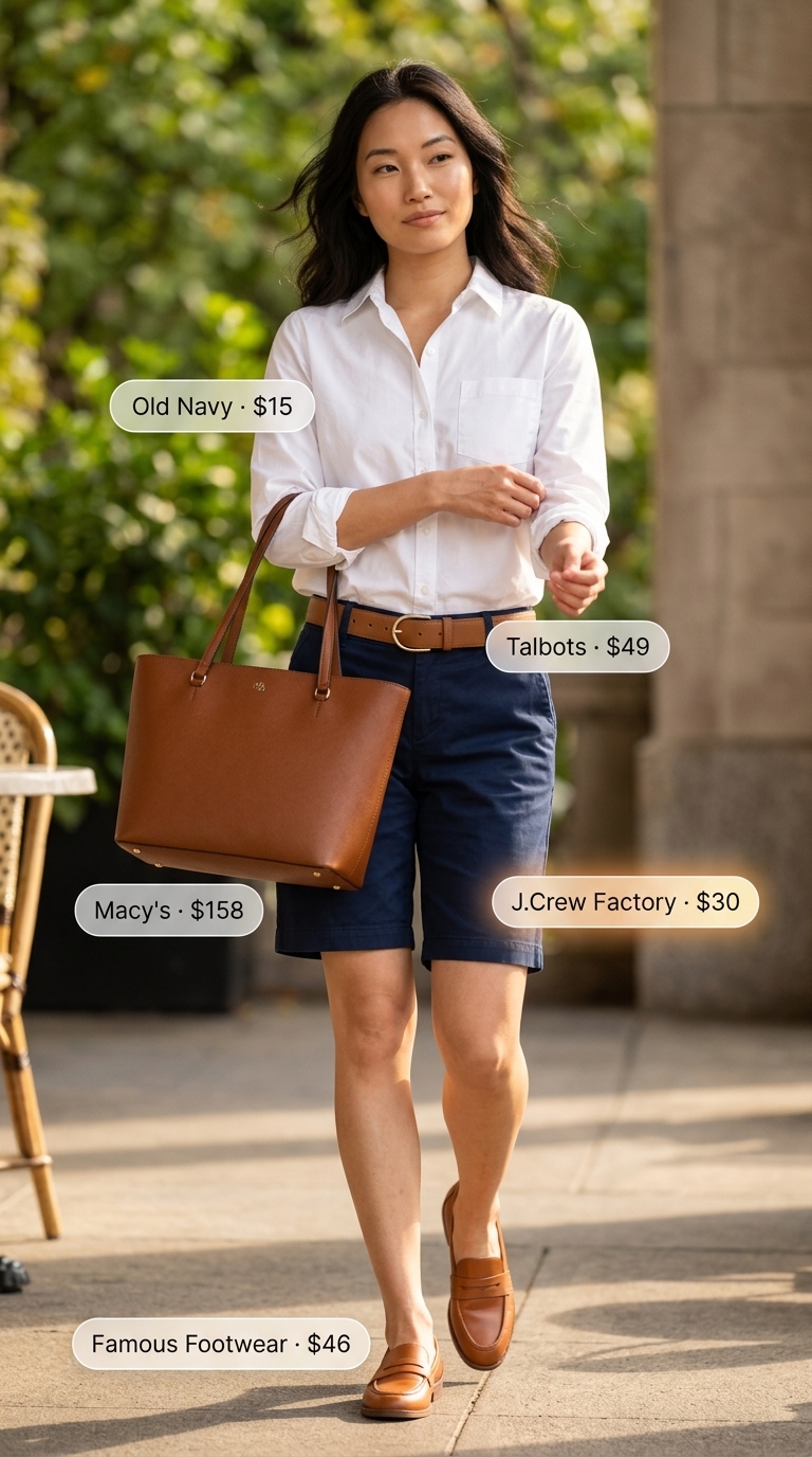 Chic Summer Outfit for Women Over 40 2026: Shorts Set Chic summer outfit for women over 40 2026: Navy Bermuda shorts, white button-down, tan loafers & belt for brunch.