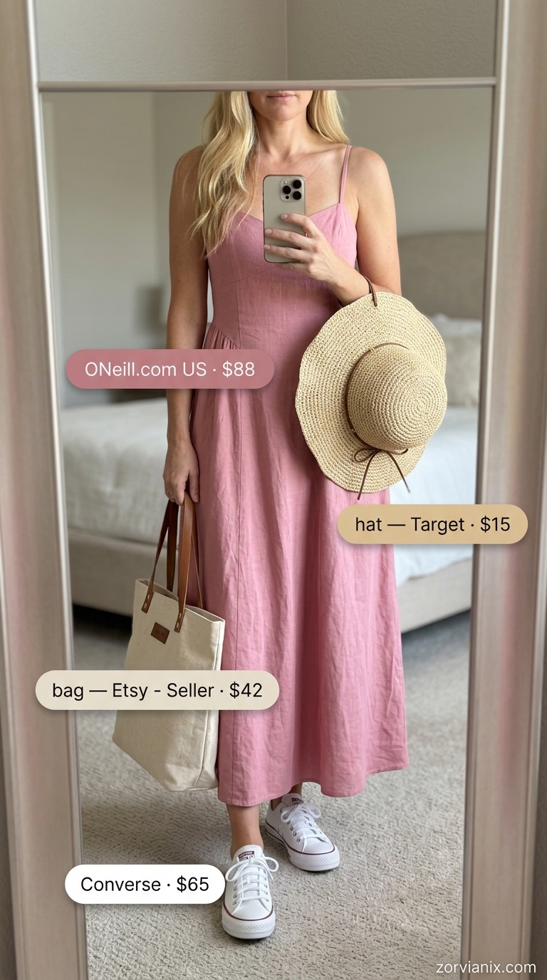 Chic Summer Outfit for Women Over 40 2026: Sundress Chic summer outfit for women over 40 2026: Blush pink linen sundress, straw hat, white sneakers, canvas tote.