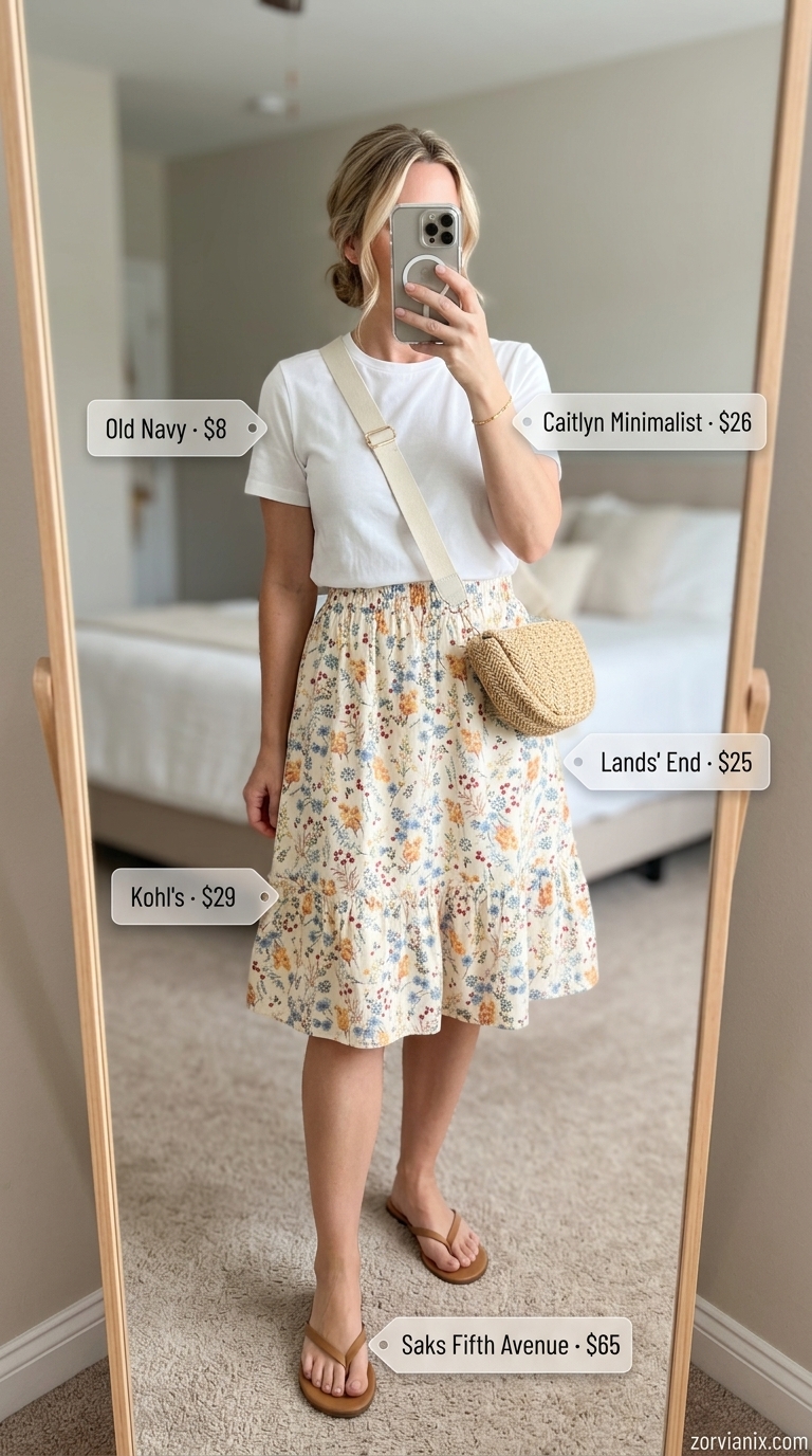 Chic Summer Outfit for Women Over 40 2026: Floral Skirt Chic summer outfit for women over 40 2026: Floral midi skirt, white tee, and straw bag for brunch.