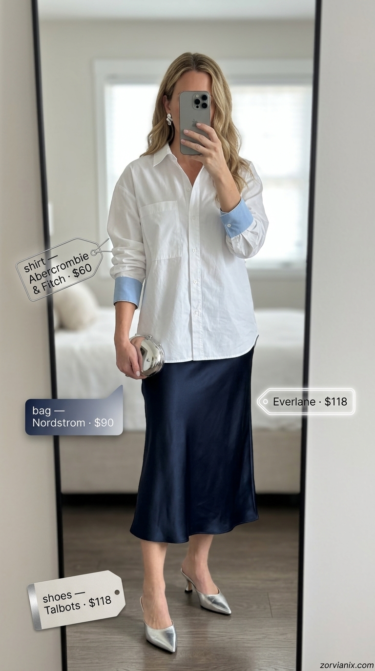 Chic Summer Outfit for Women Over 40 2026: Evening Elegance Chic summer outfit for women over 40 2026: Navy satin slip skirt, white button-down shirt, metallic heels.