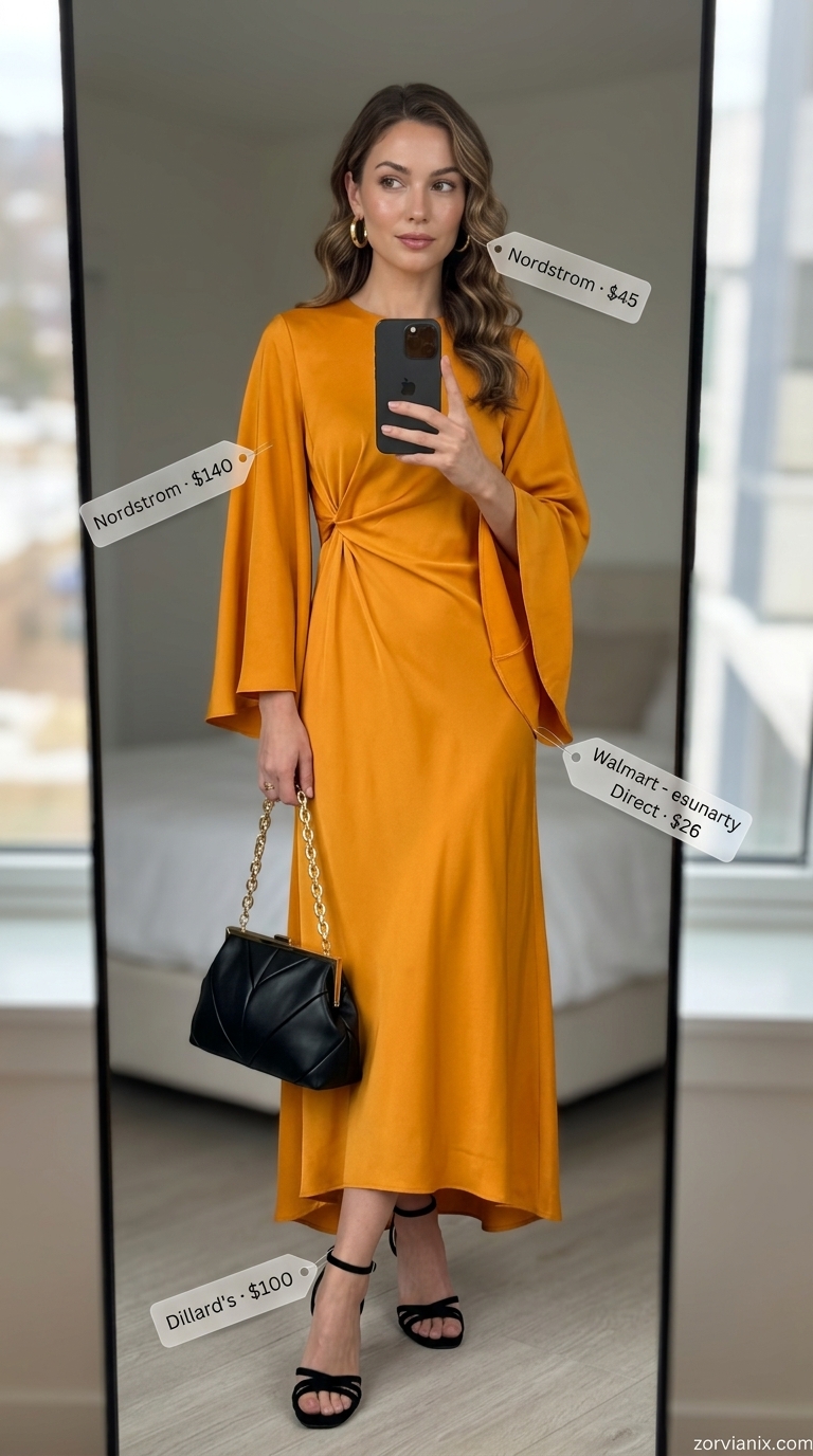 Chic Summer Outfit for Women Over 40 2026: Orange Dress Chic summer outfit for women over 40 2026: Mango orange wrap dress with heeled sandals for evening.