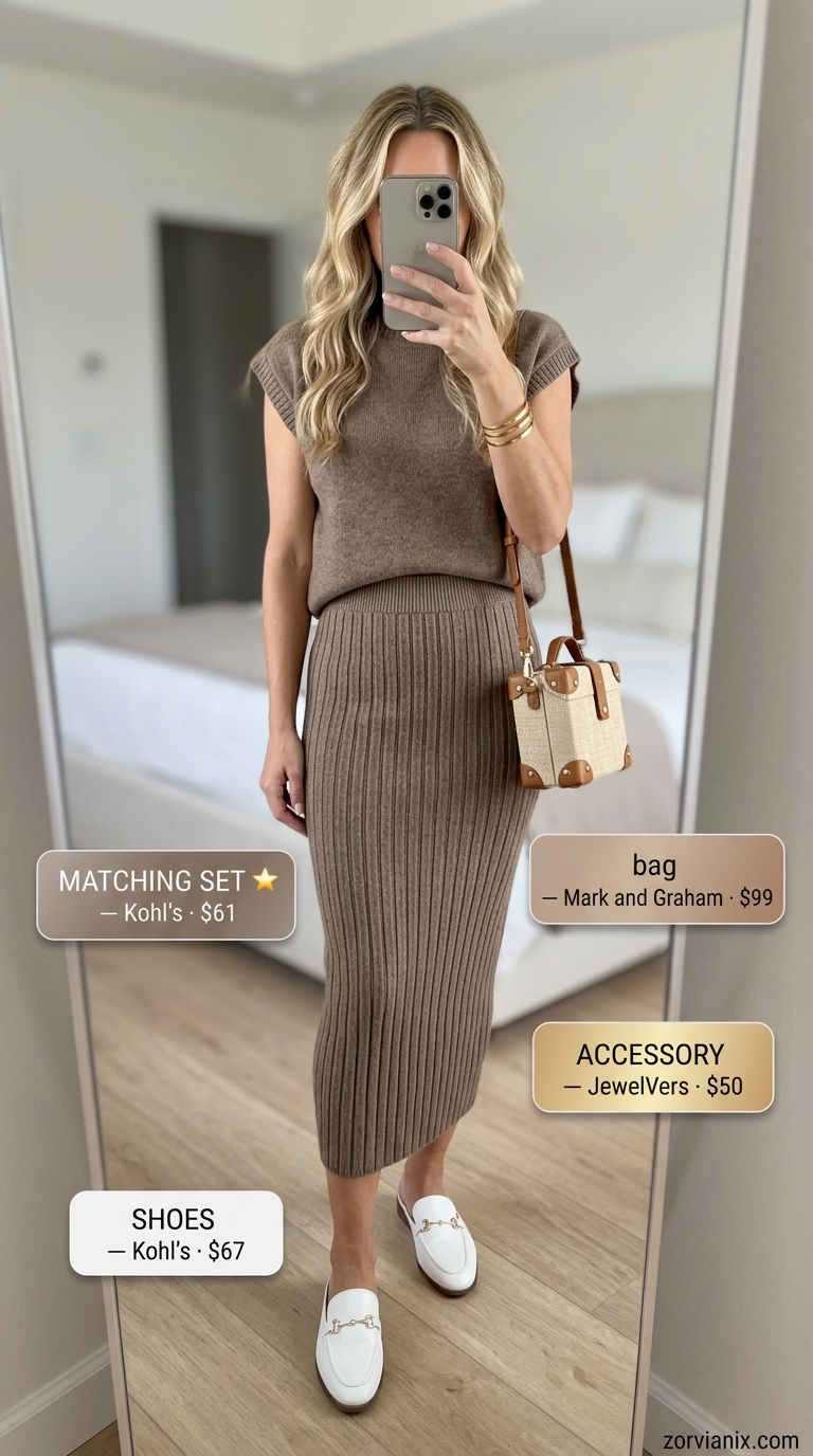 Chic Summer Outfit for Women Over 40 2026: Knit Set Chic summer outfit for women over 40 2026: Taupe knit skirt set with white mules and raffia bag.