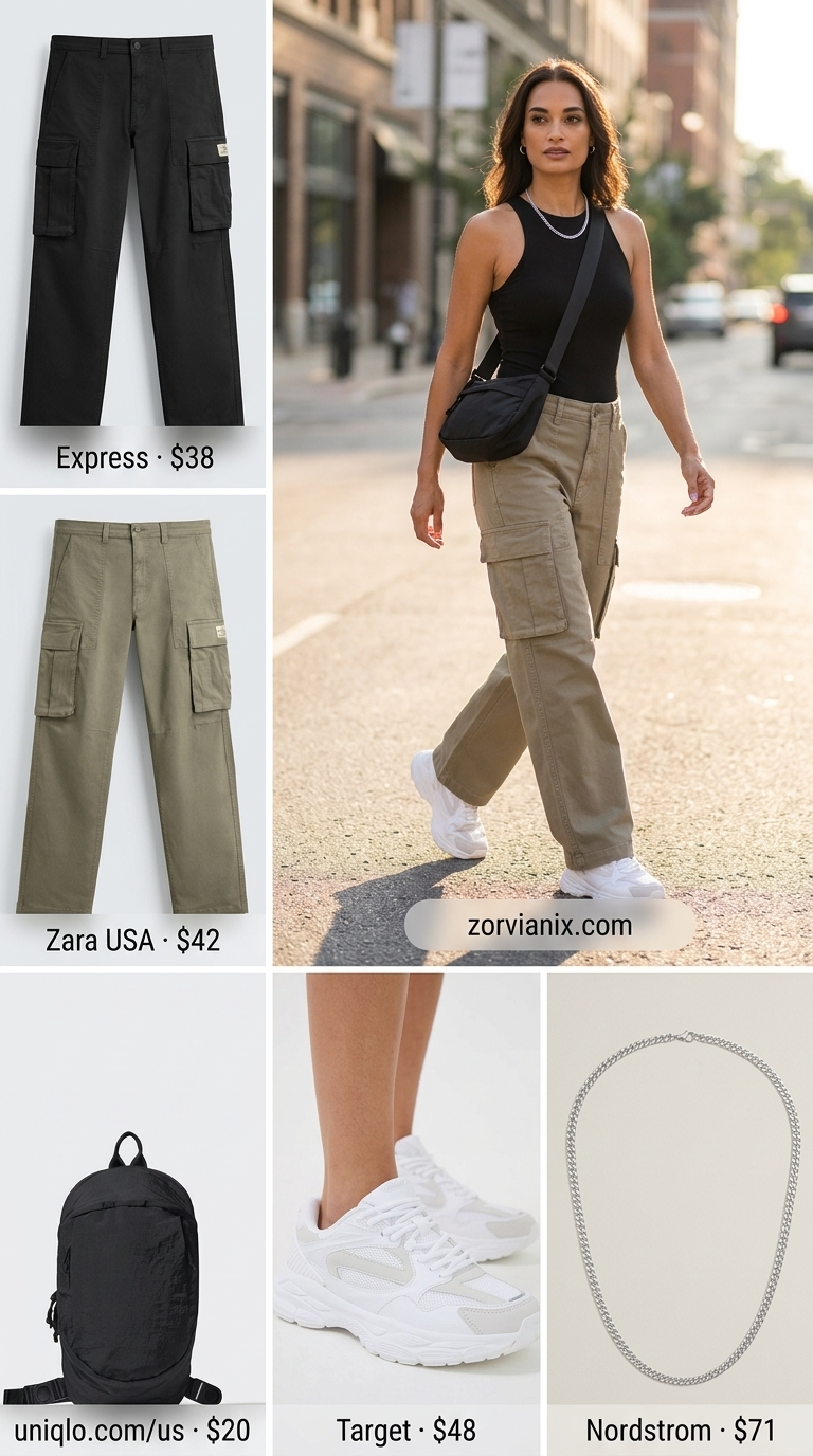 Chic Summer Outfit for Women Over 40 2026: Cargo Pants Chic summer outfit for women over 40 2026: Khaki cargo pants, black bodysuit, white sneakers, crossbody bag.