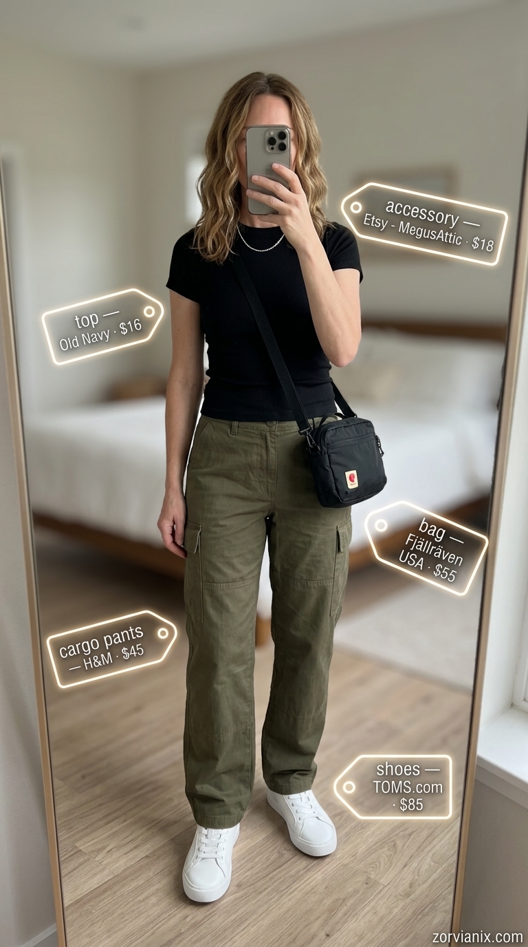 Chic Summer Outfit for Women Over 40 2026: Cargo Pants Chic summer outfit for women over 40 2026: Khaki cargo pants, white tee, and black crossbody for casual days.