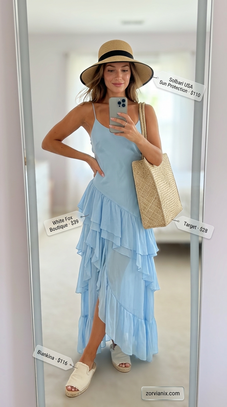Chic Summer Outfit for Women Over 40 2026: Maxi Dress Chic summer outfit for women over 40 2026: Sky blue maxi dress, straw hat, espadrille slides, straw tote.