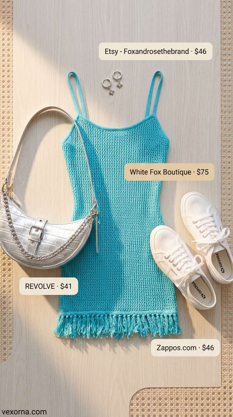 Bright turquoise crochet mini dress with white sneakers and silver crossbody bag. Summer crochet cover up outfits for women 2026.