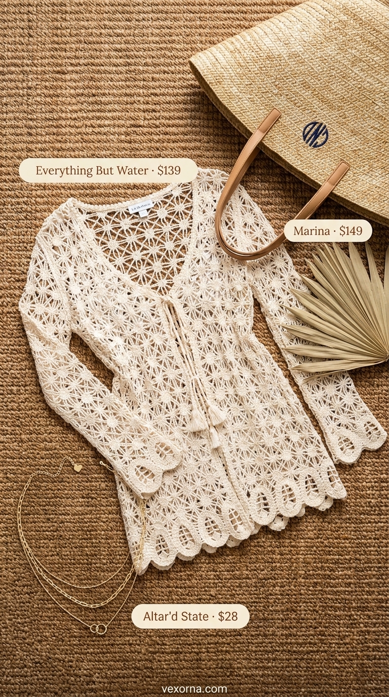 White crochet kimono cover up over a cream slip dress, with straw tote and leather sandals. Summer crochet cover up outfits for women 2026.