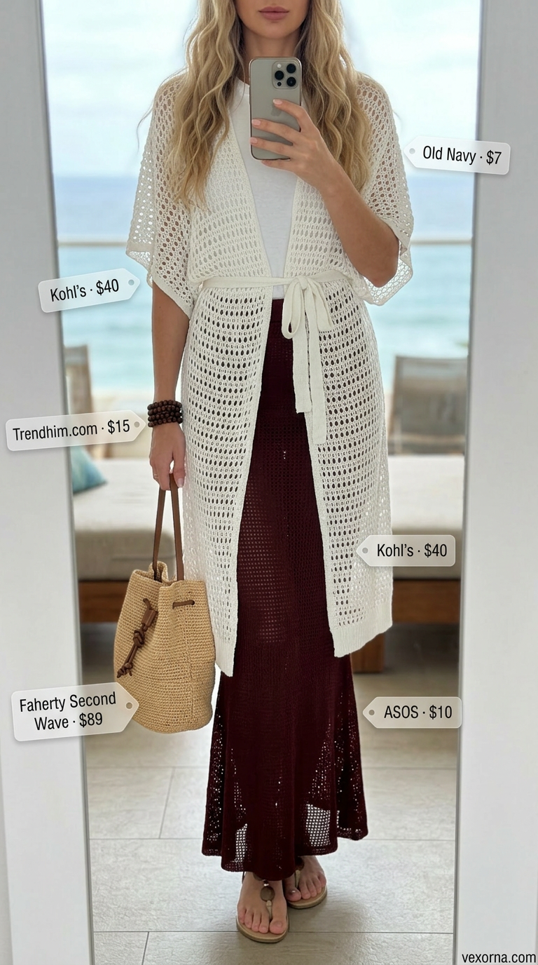 Burgundy crochet maxi skirt with white t-shirt, leather sandals, and straw bucket bag. Summer crochet cover up outfits for women 2026.