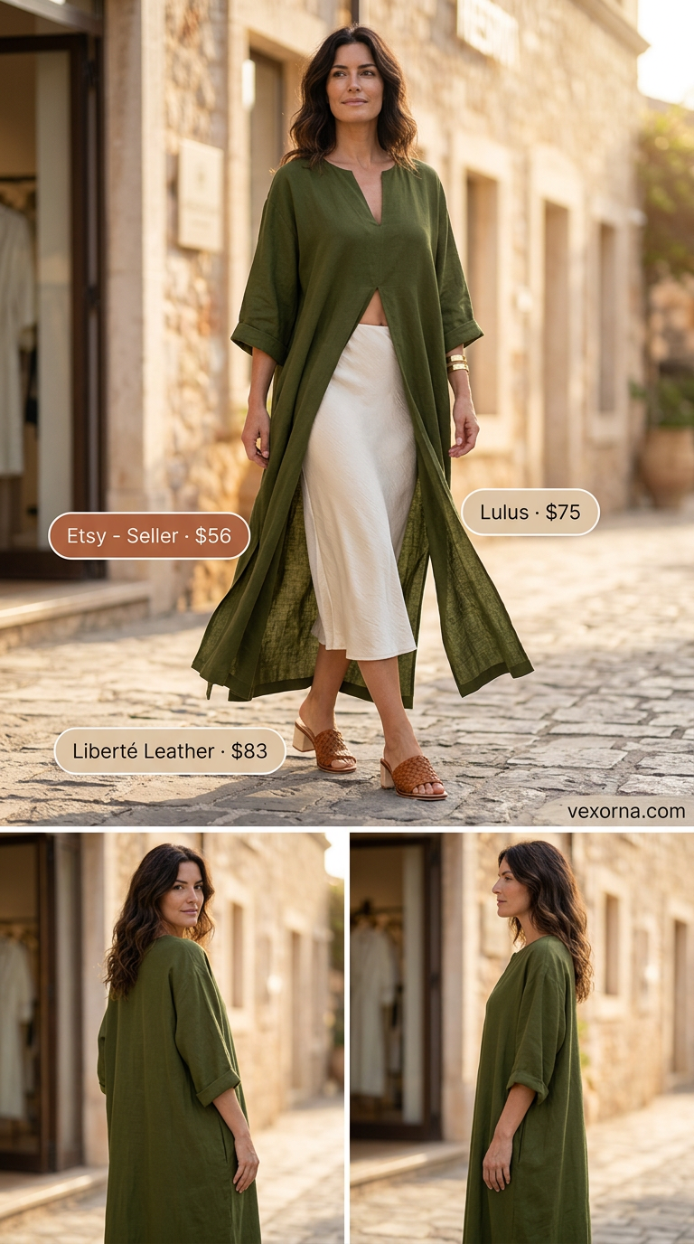Olive green linen kaftan cover up outfit for women 2026, for sophisticated resort dining.