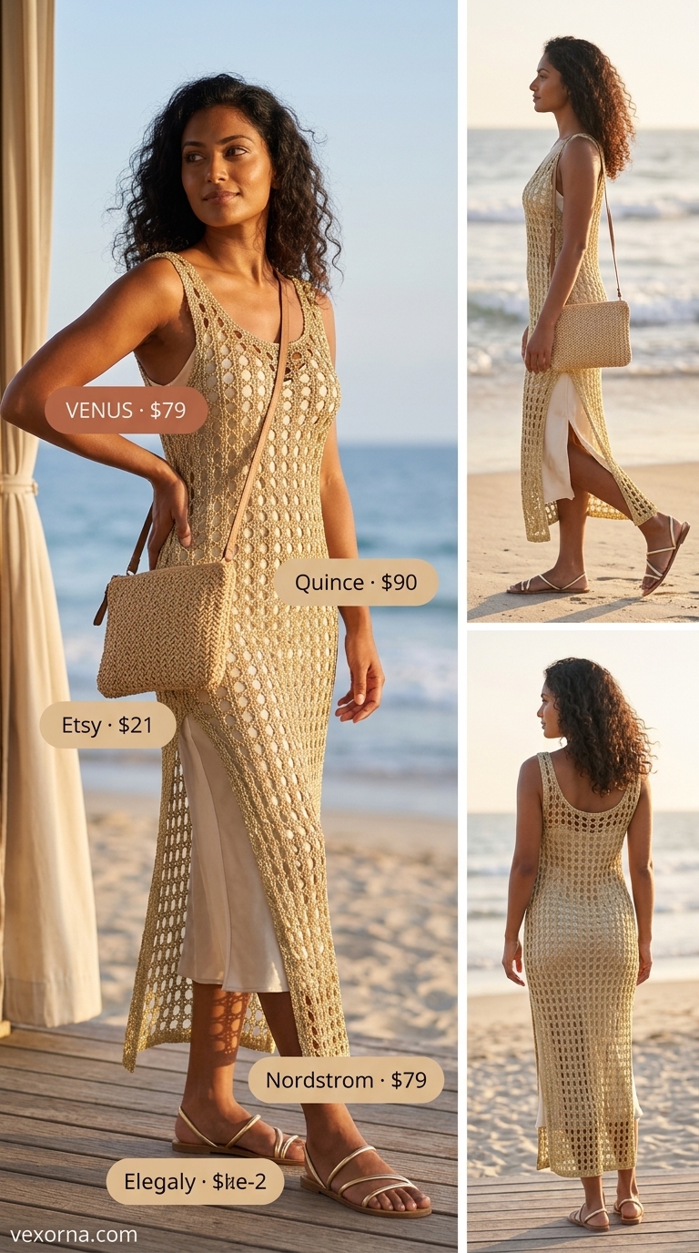 Gold metallic crochet duster cover-up with satin slip dress and layered necklaces for summer crochet cover up outfits for women 2026.