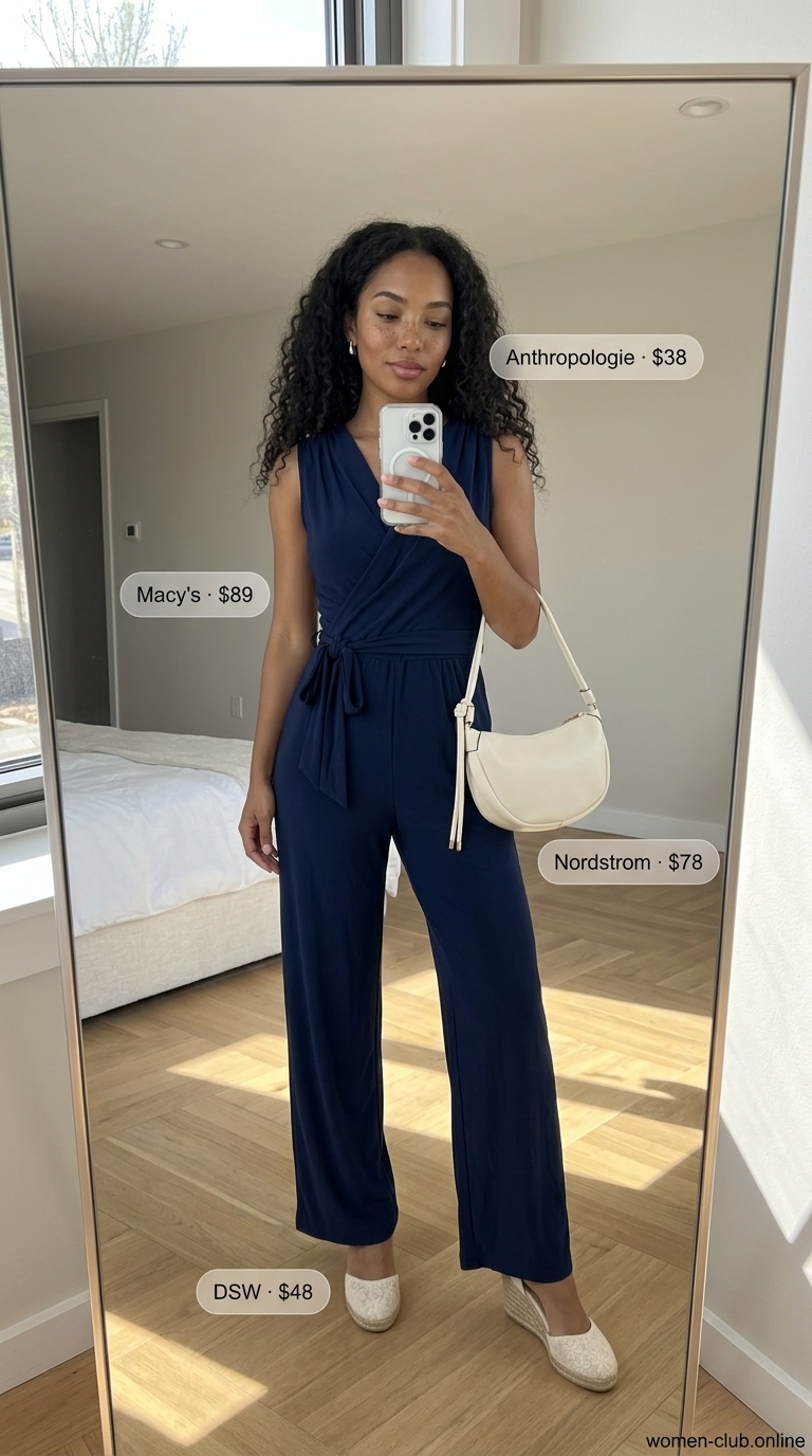 Elegant and comfortable navy blue wide-leg jumpsuit, cream espadrille wedges, and structured bag create a sophisticated summer outfit for a Black woman in 2026.