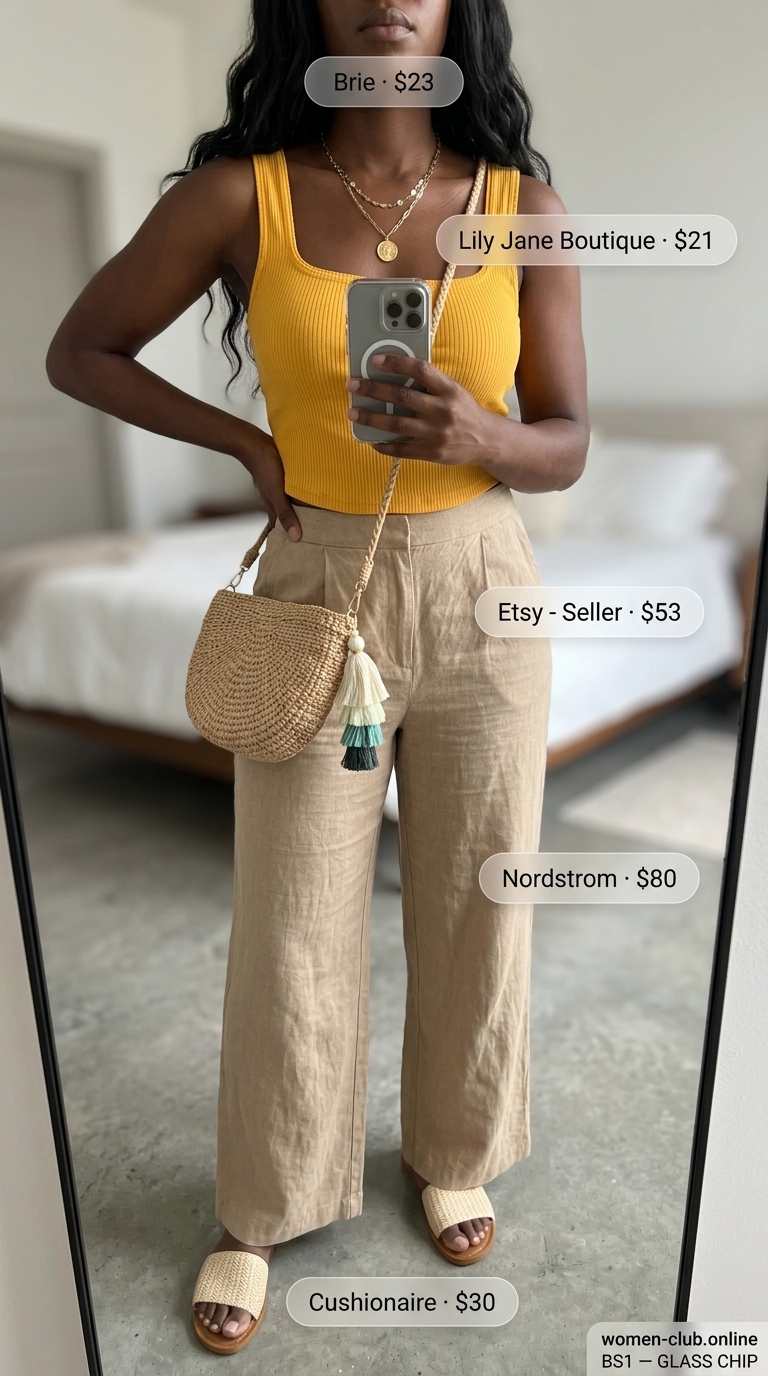 Vibrant marigold yellow cropped tank with crisp white linen wide-leg pants, woven slide sandals, and a straw crossbody bag, a relaxed summer outfit for a black woman in 2026.