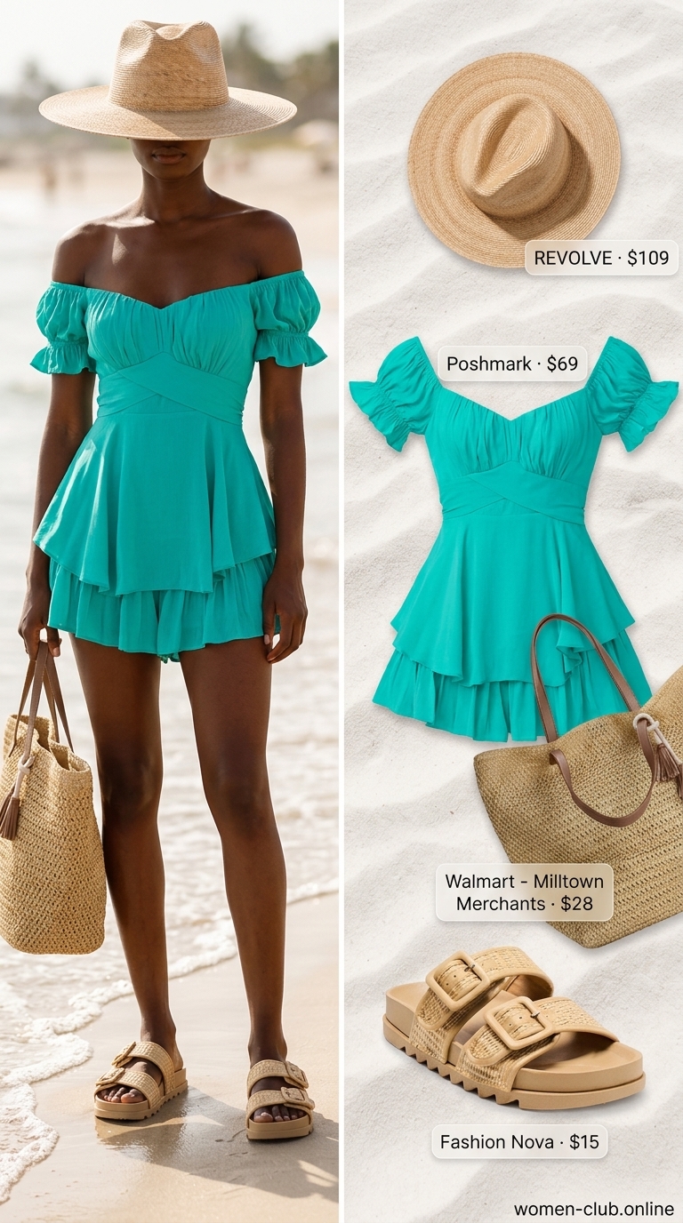 Free-spirited teal off-the-shoulder romper, woven flat sandals, large straw tote, and wide-brimmed hat create a playful summer outfit for a Black woman in 2026.