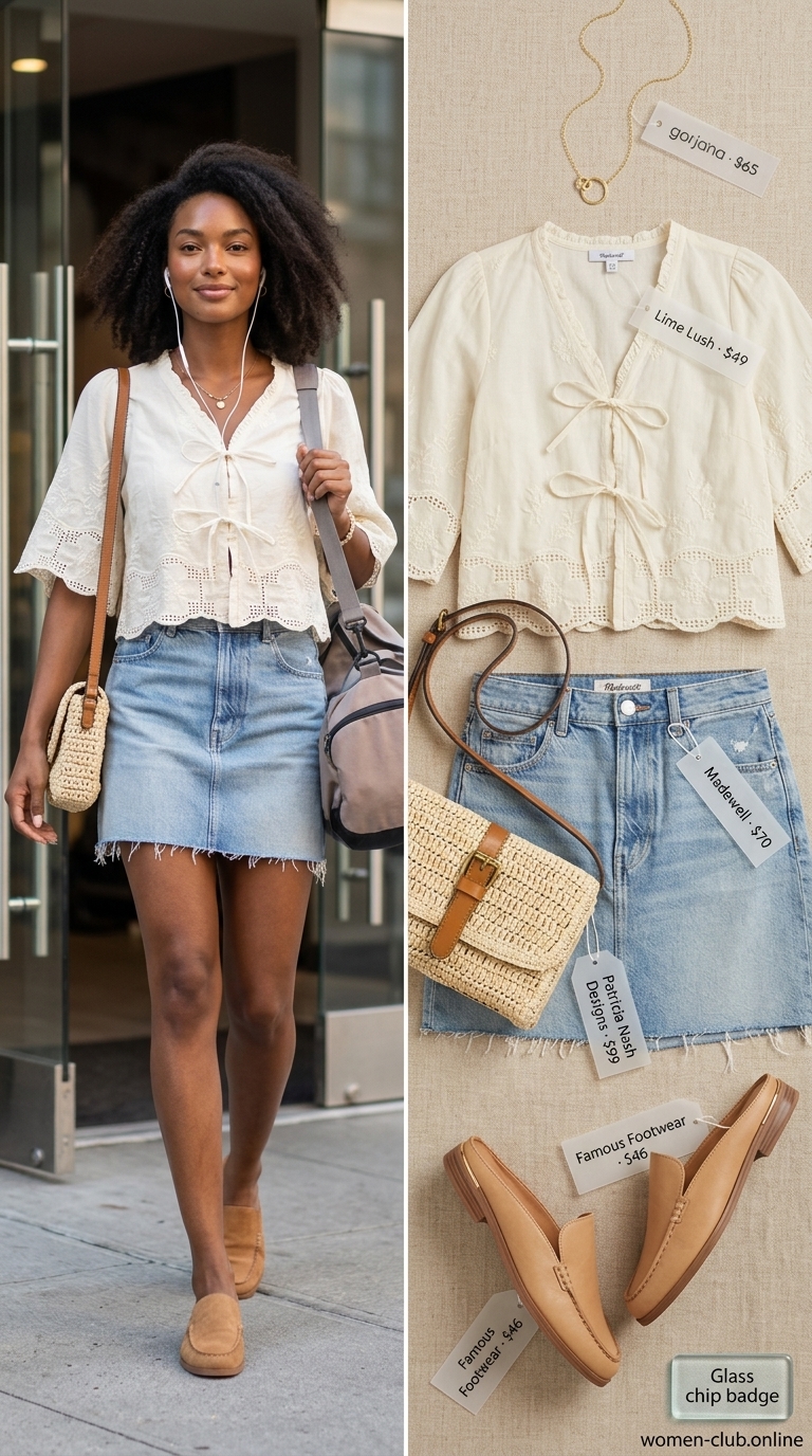 Charming 'Denim & Daisy Dreams' summer outfit for a Black woman featuring a cream embroidered puff-sleeve blouse, denim mini skirt, tan leather mules, and a woven bag, for casual days in 2026.