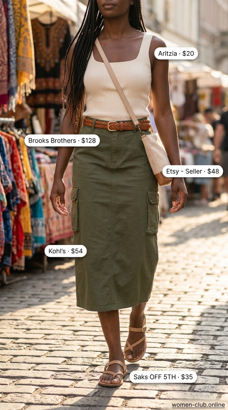 Chic summer outfit for a Black woman featuring an olive green cargo midi skirt, cream tank top, tan sandals, and a crossbody bag, perfect for a day trip or brunch in 2026.