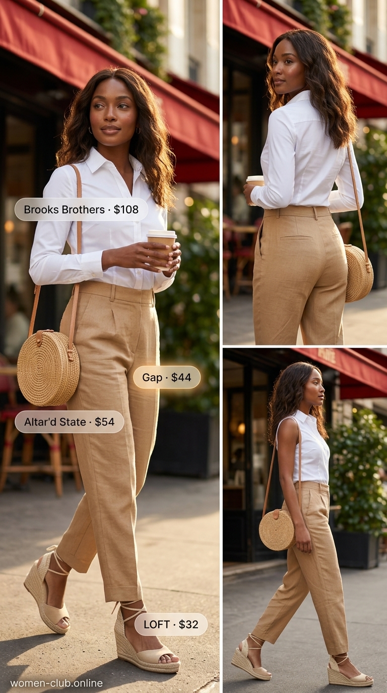 Sophisticated white linen wide-leg trousers with a sky blue sleeveless button-down shirt and espadrille wedge sandals, a refined summer outfit for a black woman in 2026.