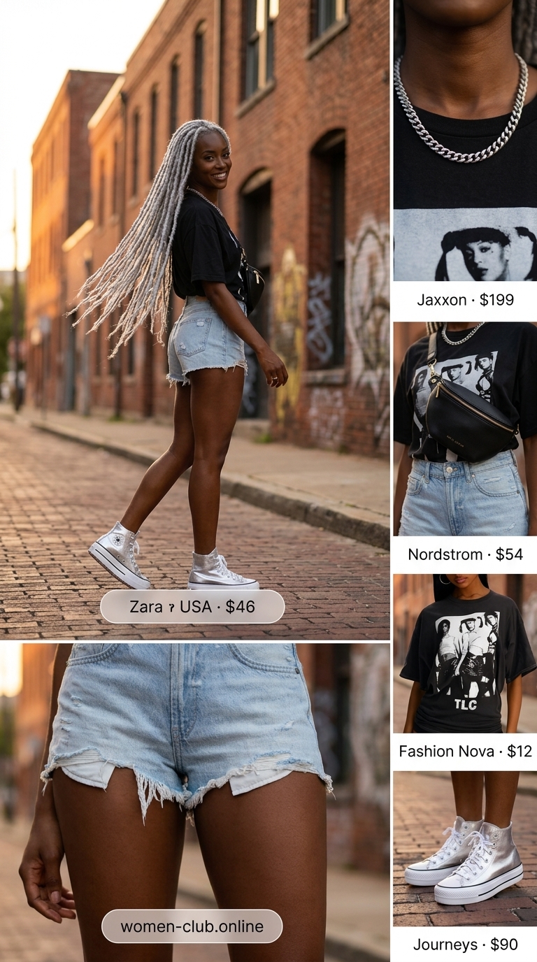 A black woman showcasing an edgy Downtown Denim summer outfit for 2026, with light wash distressed denim shorts, an oversized black graphic band t-shirt, chunky platform sneakers, and a silver chain necklace.