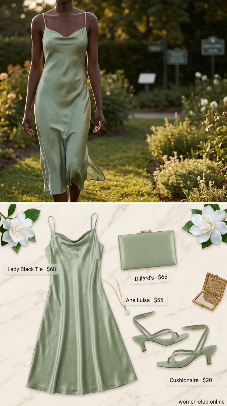 Elegant sage green satin midi slip dress, nude kitten heel sandals, and structured clutch create a refined summer outfit for a Black woman in 2026.