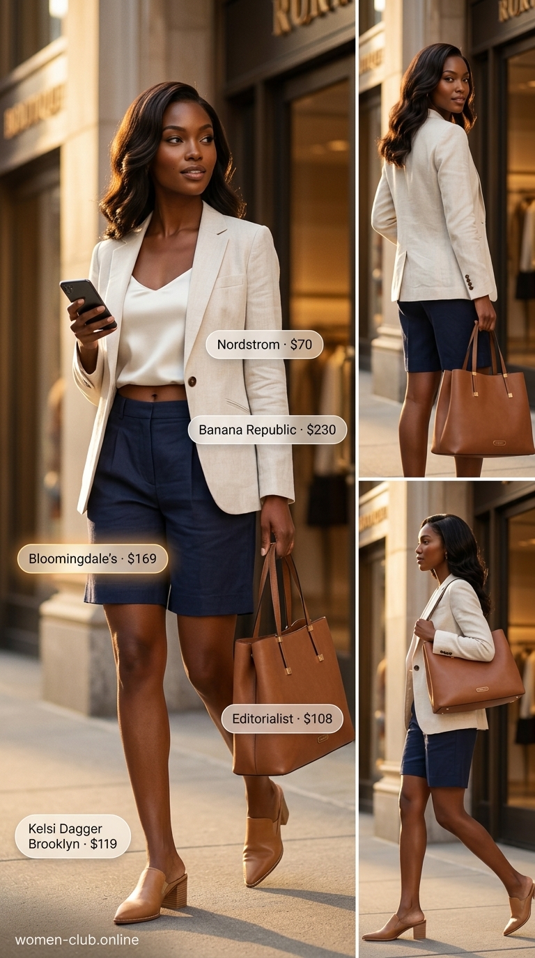 Professional and polished navy tailored Bermuda shorts, off-white silk camisole, linen blazer, and tan mules create a confident summer outfit for a Black woman in 2026.