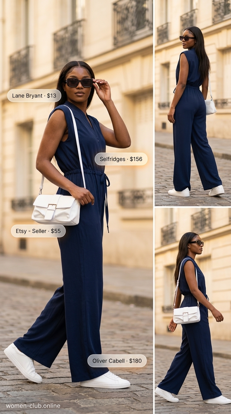 Modern navy utility jumpsuit with white sneakers, a white crossbody bag, and red sunglasses, a comfy yet chic travel summer outfit for a black woman in 2026.