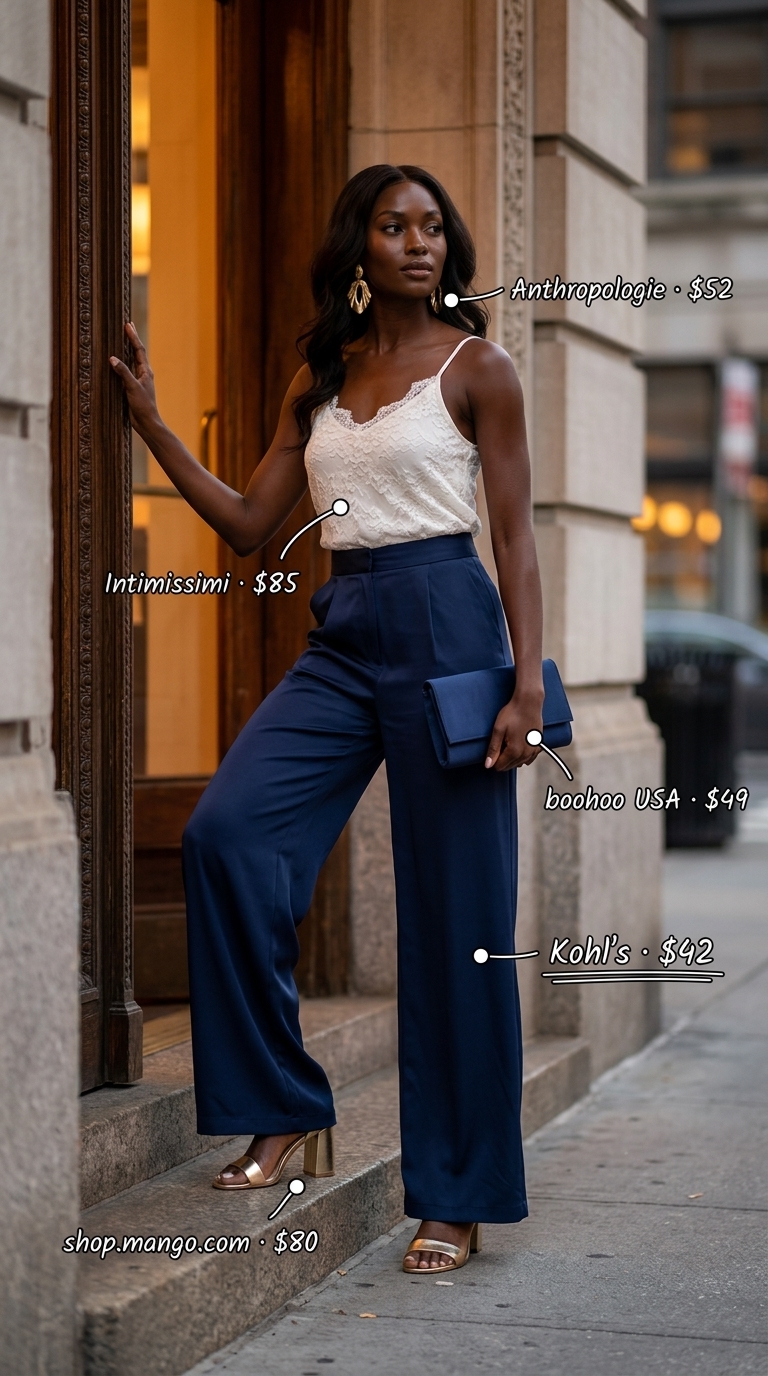 Elegant navy wide-leg trousers and an ivory lace camisole, accessorized with gold strappy heels and a navy satin clutch, perfect for a black woman's summer evening event in 2026.