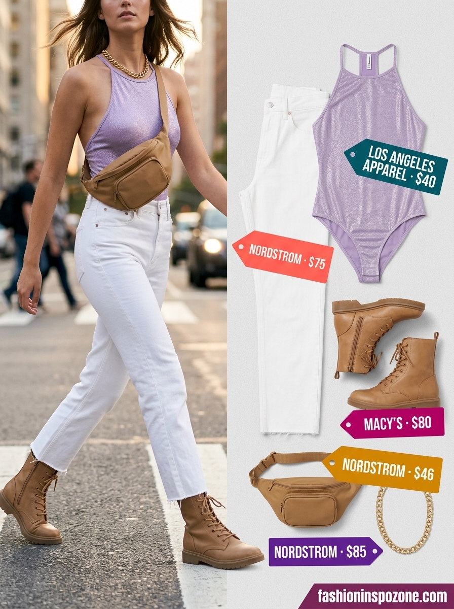 Downtown Summer Bodysuit & Jeans Outfits 2026 Lavender ribbed halter bodysuit with white distressed jeans for a cool downtown summer festival outfit 2026.