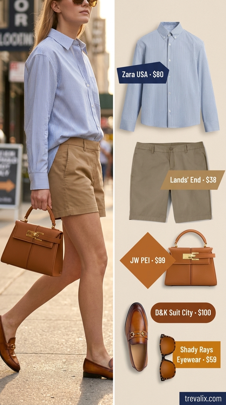 Timeless Summer Basic Outfit 2026: Refined Lunch Timeless summer basic outfit for women 2026: Khaki shorts, blue stripe shirt, tan crossbody bag, loafers.
