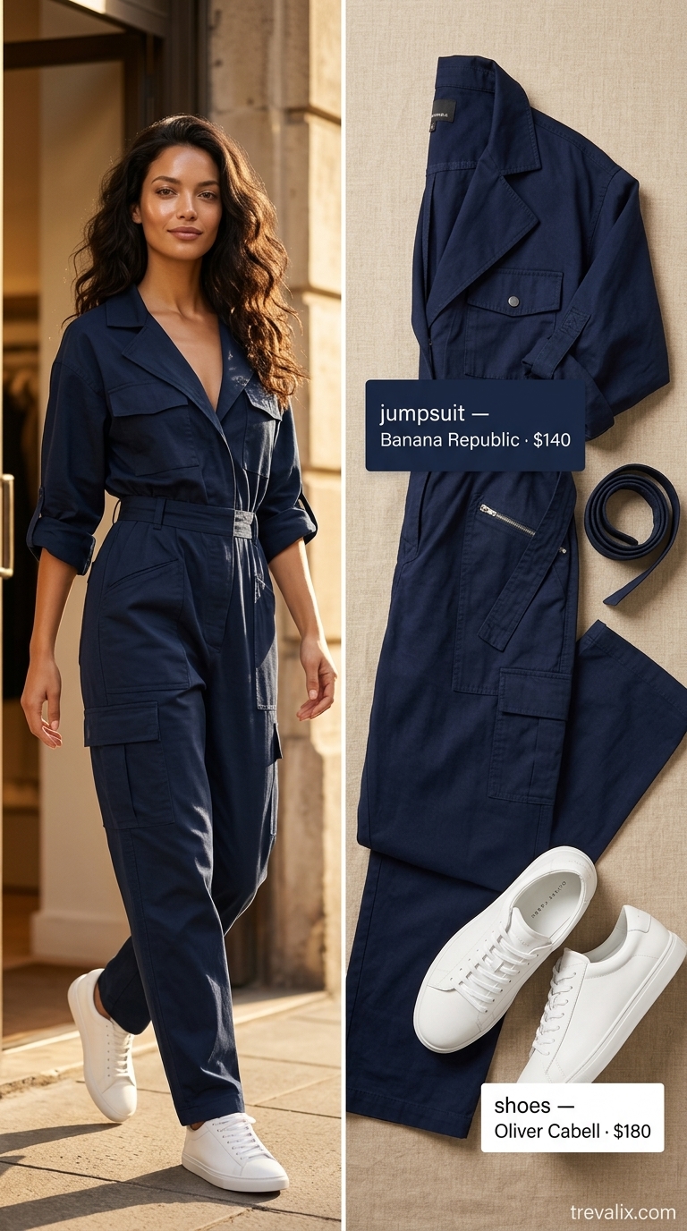 Timeless Summer Basic Outfit 2026: Riviera Jumpsuit Timeless summer basic outfit for women 2026: Navy utility jumpsuit, white sneakers, red crossbody bag.