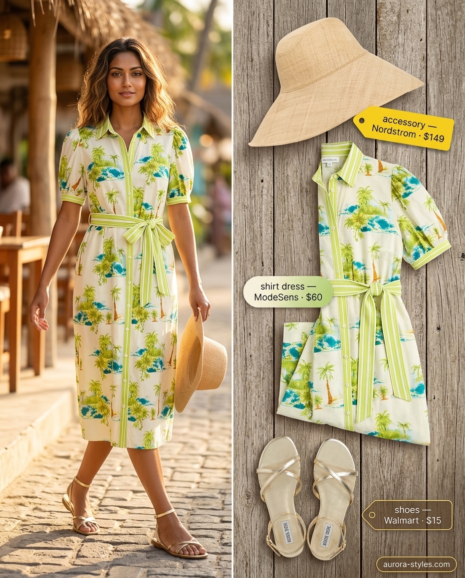 Vacation ready summer shirt dress for women 2026 in tropical print with straw hat and sandals.