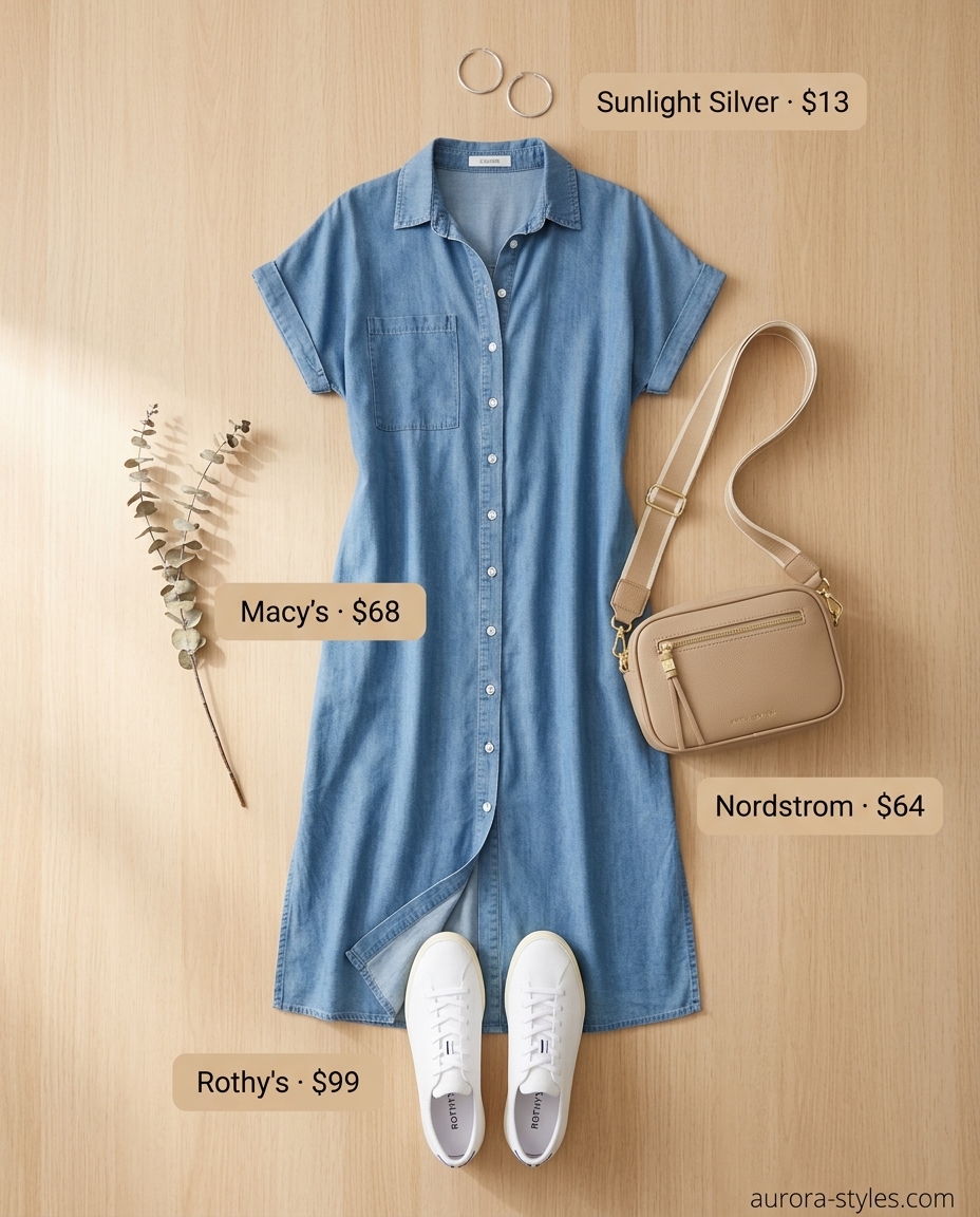 Effortless coastal summer shirt dress for women 2026 in denim blue with sneakers and crossbody.