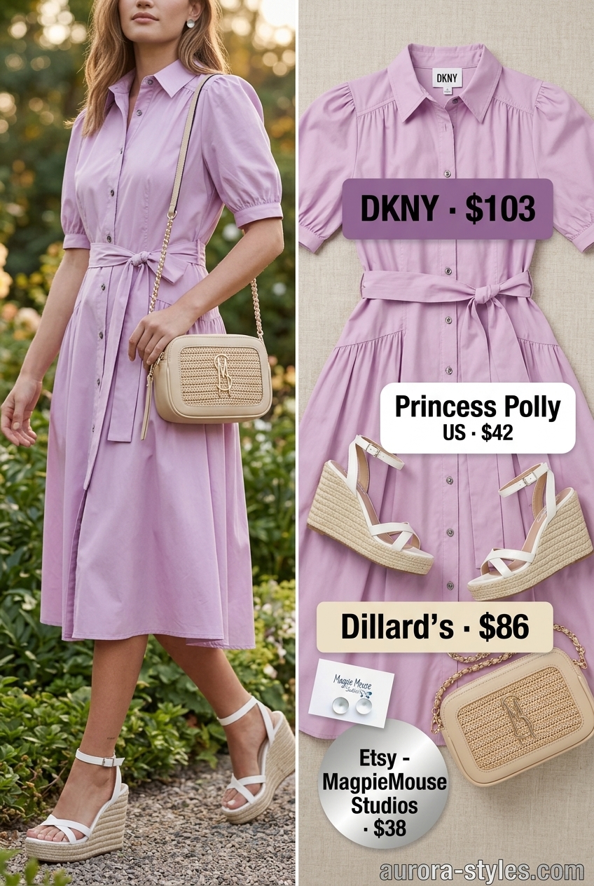 Lilac shirt dress for women 2026, romantic for garden parties. Styled with espadrilles & straw bag.