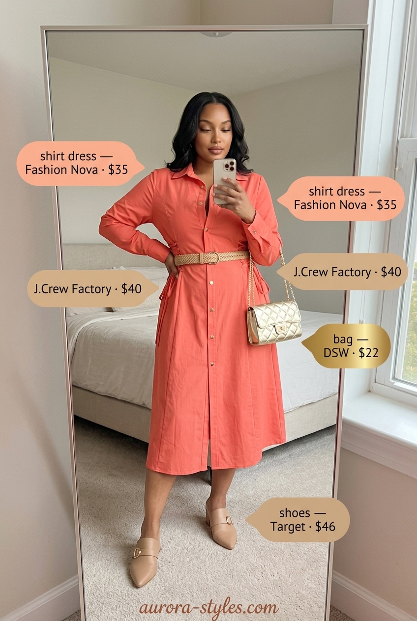 Sophisticated coral shirt dress for women 2026 with heeled mules and gold shoulder bag.